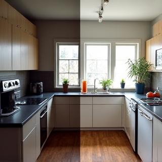 Before and after of a small apartment kitchen renovation: old and new